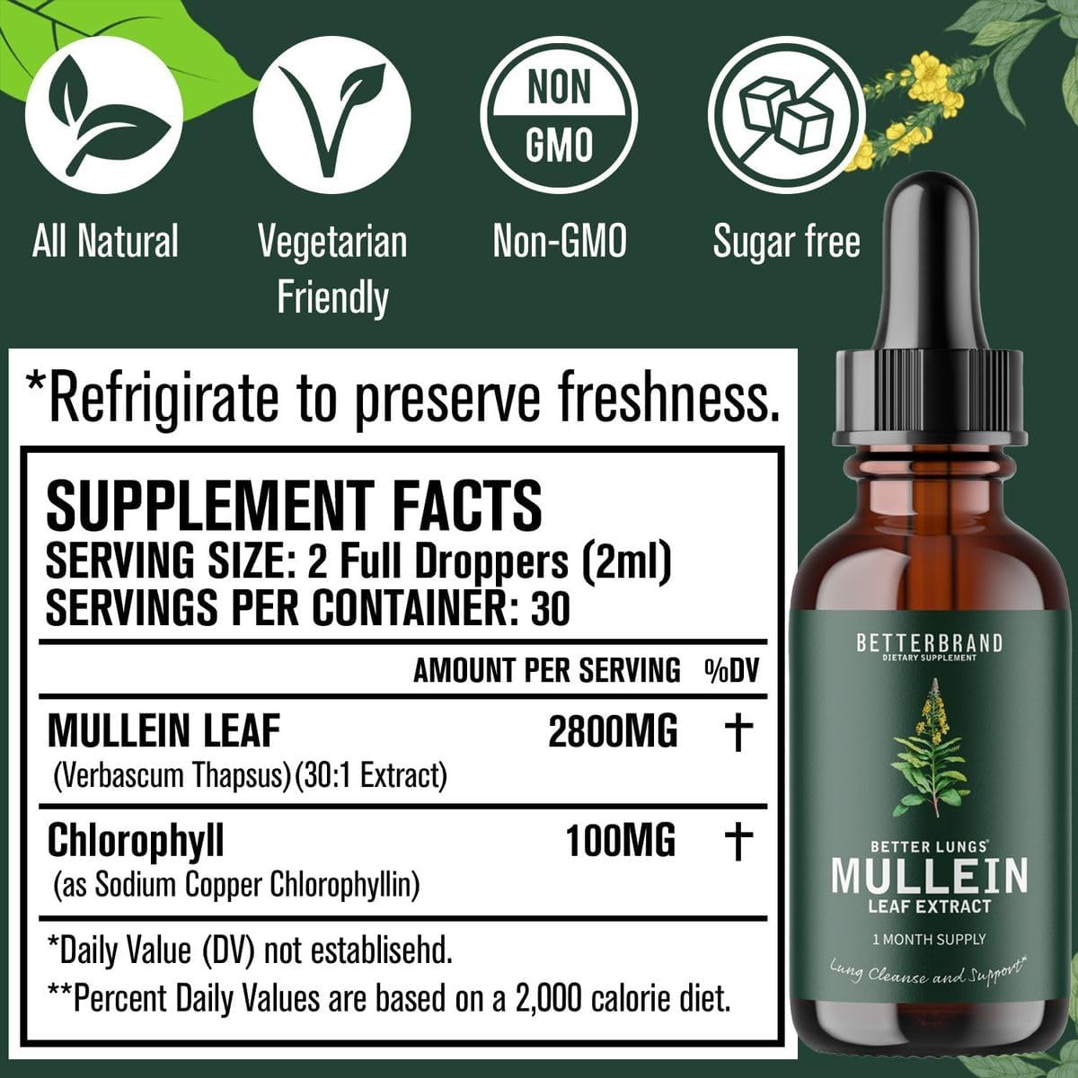 Betterbrand BetterLungs – Mullein Leaf Extract for Lung Cleanse & Respiratory Health | Natural Non-GMO Tincture Drops | 1-Month Supply