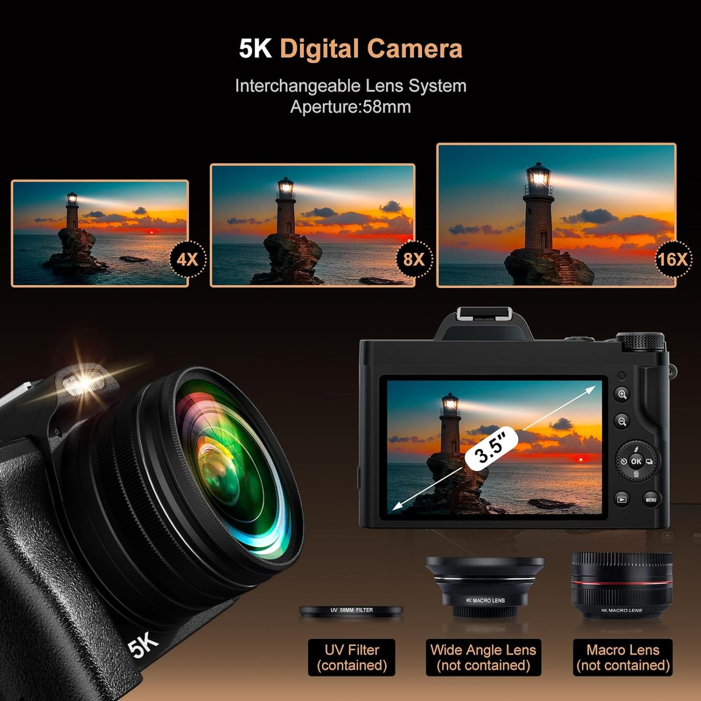 5K Digital Camera with WiFi & 32GB SD Card – Auto Focus, Anti-Shake Vlogging Camera for YouTube with 16X Zoom & Fill Light