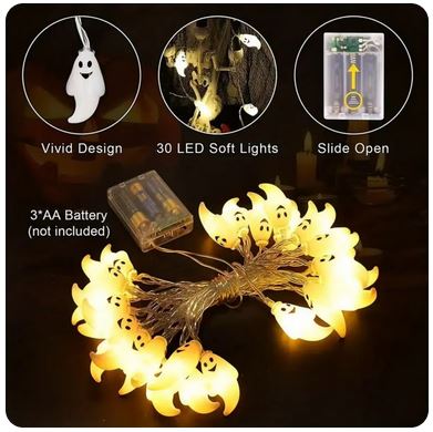 59.06-inch Ghost Halloween Decoration String Lights - 10 Lights & 20 Lights Options | Battery Powered (No Plug)