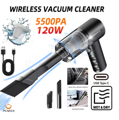 PCMOS Wireless Vacuum Cleaner - 120W High Power, Dual Use for Home and Car, Black